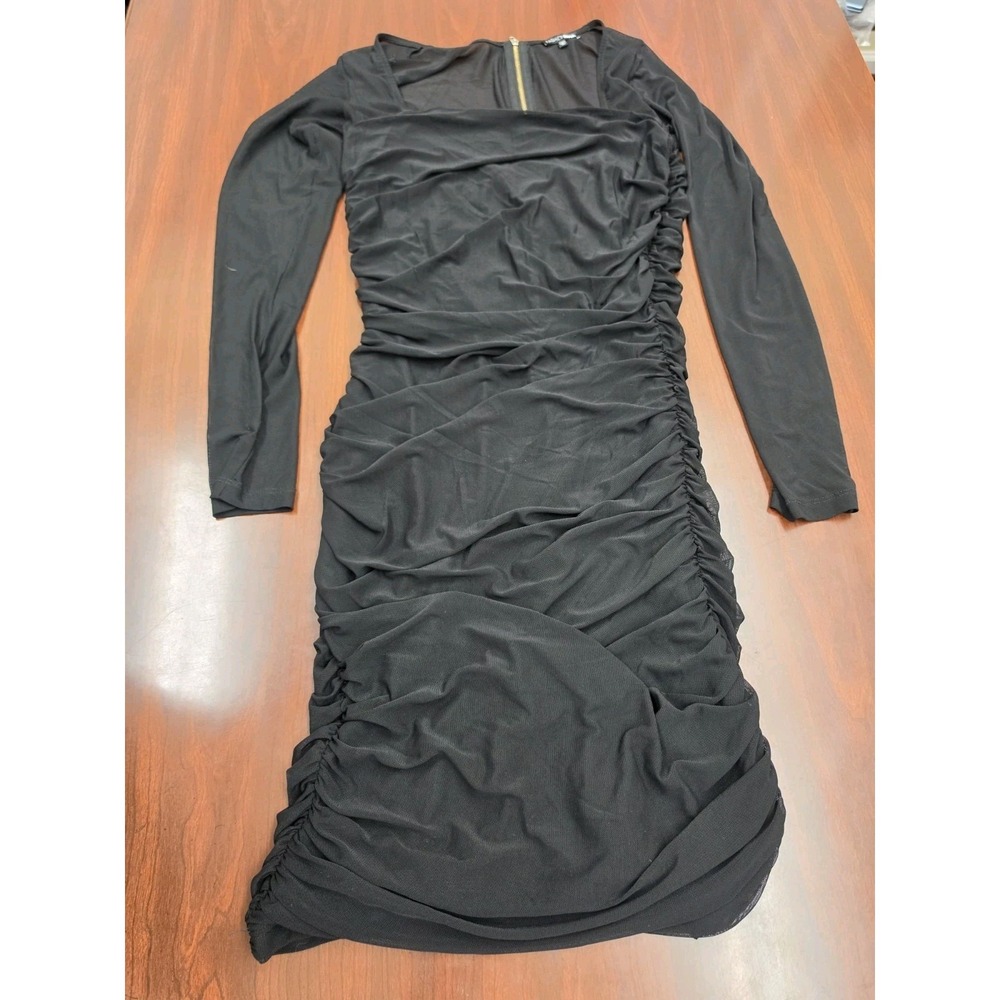 Fashion Nova Dress Plus Size 1X Black Sheer Mesh Overlay Ruched Long Sleeve Zip - Picture 3 of 6